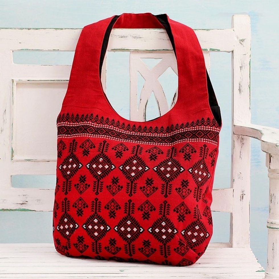 Geometric Cotton Shoulder Bag in Chili from India 'Delightful Kites'