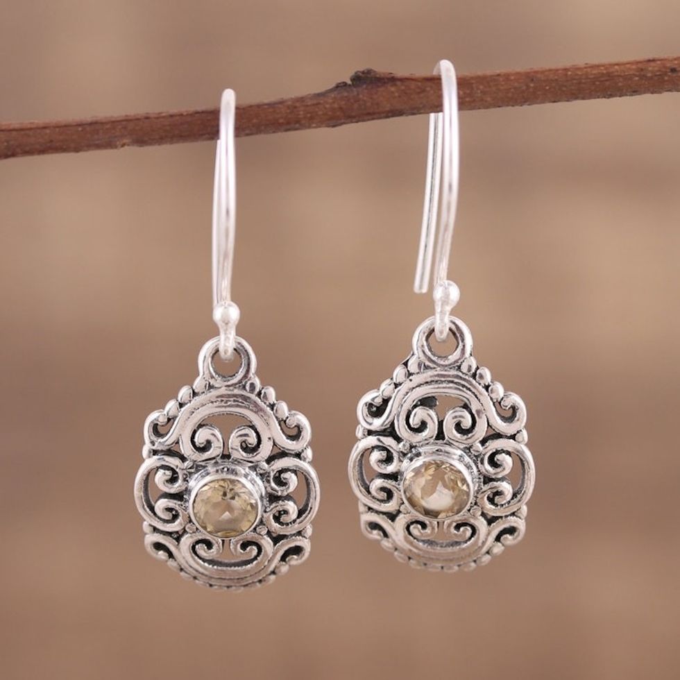 Openwork Citrine and Silver Dangle Earrings from India 'Sunny Swirls'