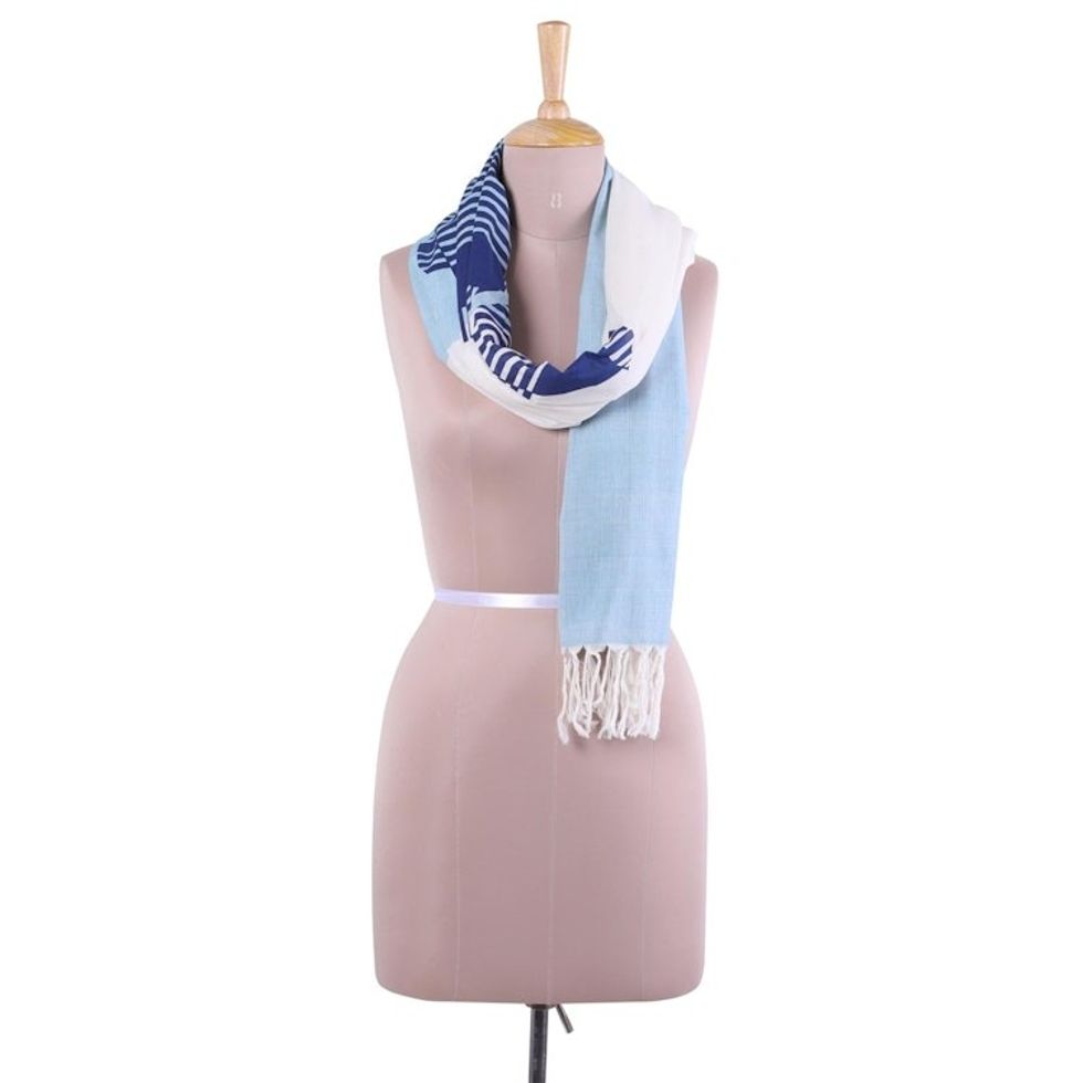 Hand Woven Sky Blue 100 Cotton Wrap Scarf from India 'Sky Blue Whisper'