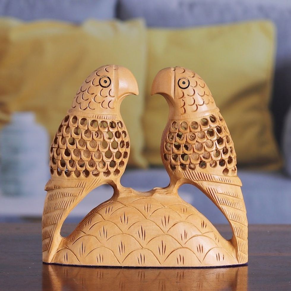 Hand Carved Wood Parrot Sculpture from India 'Parrot Hearts'