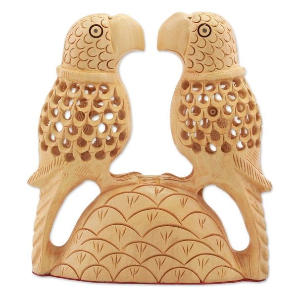 Alternate image for Hand Carved Wood Parrot Sculpture from India Parrot Hearts