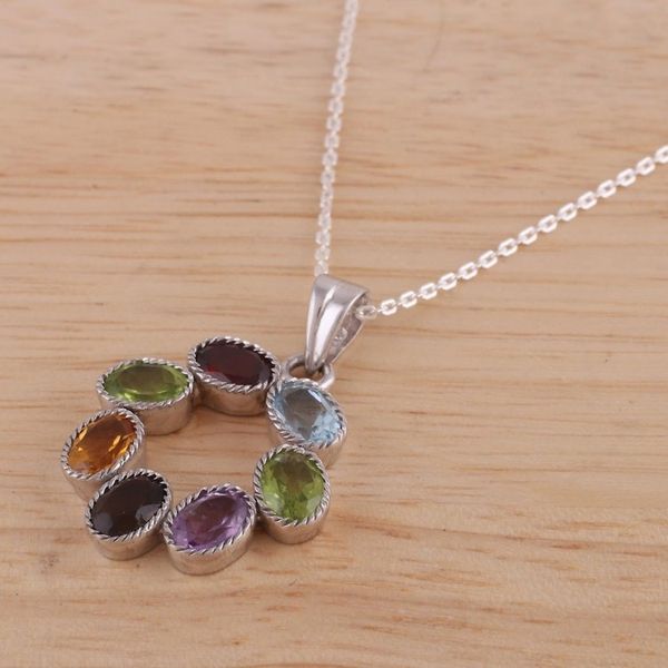Alternate image for Multi-Gemstone Pendant Necklace on Cable Chain Joyful Colors