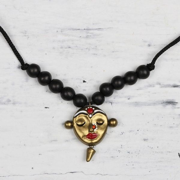 Alternate image for Ceramic Black and Gold Serene Face Beaded Pendant Necklace Calm Lady