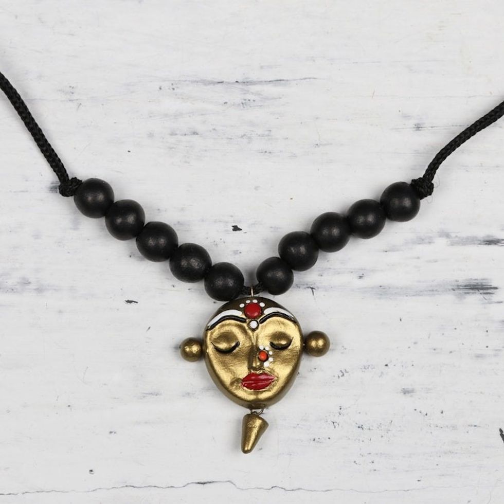 Ceramic Black and Gold Serene Face Beaded Pendant Necklace 'Calm Lady'