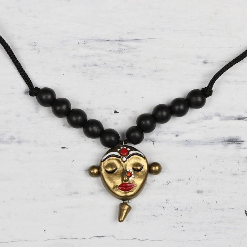 Ceramic Black and Gold Serene Face Beaded Pendant Necklace 'Calm Lady'