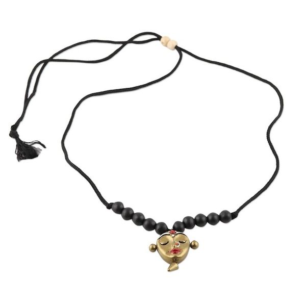 Alternate image for Ceramic Black and Gold Serene Face Beaded Pendant Necklace Calm Lady