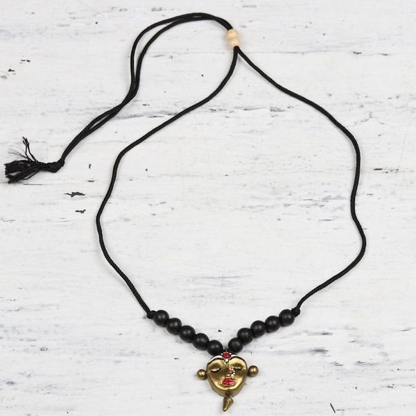 Alternate image for Ceramic Black and Gold Serene Face Beaded Pendant Necklace Calm Lady