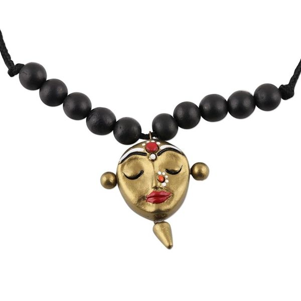 Alternate image for Ceramic Black and Gold Serene Face Beaded Pendant Necklace Calm Lady