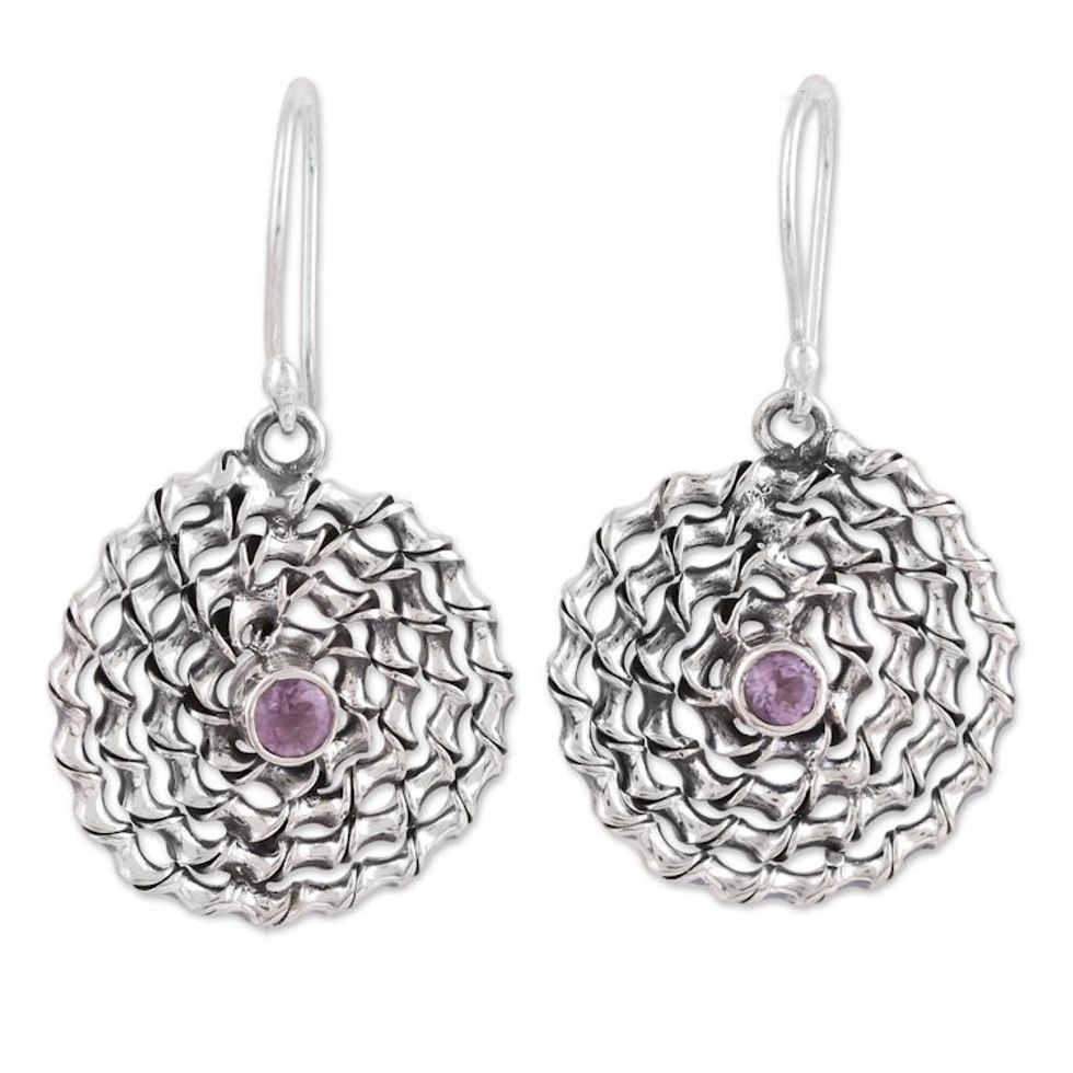 Amethyst and Sterling Silver Dangle Earrings from India 'Lavender Spiral'