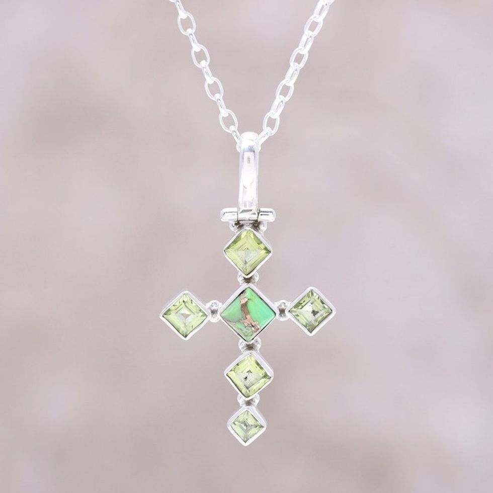 Peridot and Composite Turquoise Cross Pendant Necklace 'Verdant Cross'