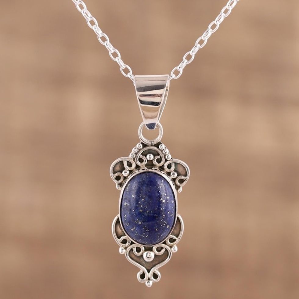 Handmade Lapis Lazuli and Sterling Silver Pendant Necklace 'Gleam of Hope'