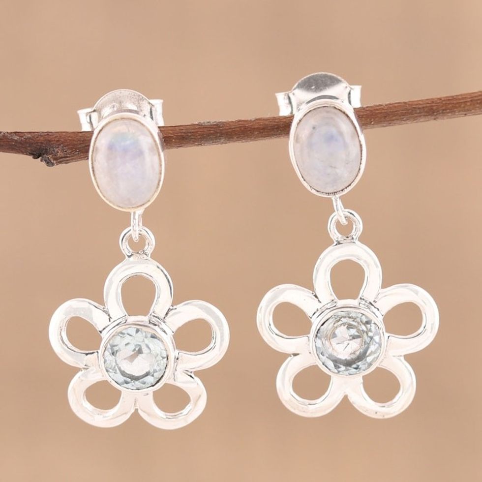 Handmade Sterling Silver Rainbow Moonstone Topaz Earrings 'Azure Flower'