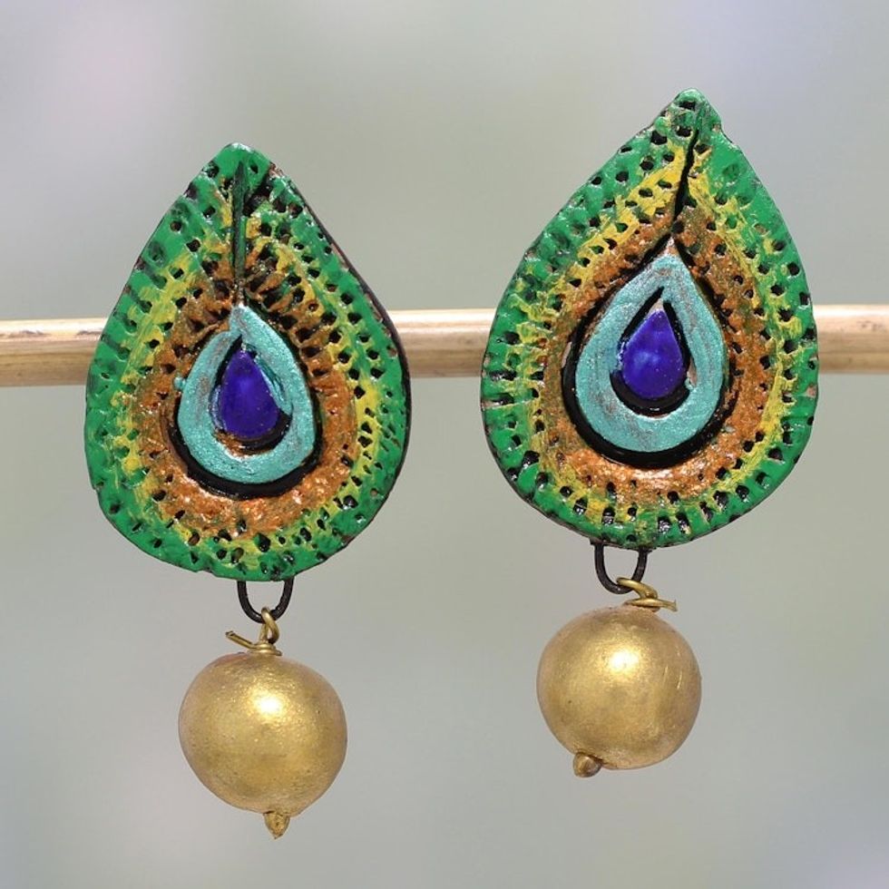 Ceramic Drop Shaped Dangle Earrings by Indian Artistans 'Peacock Drops'