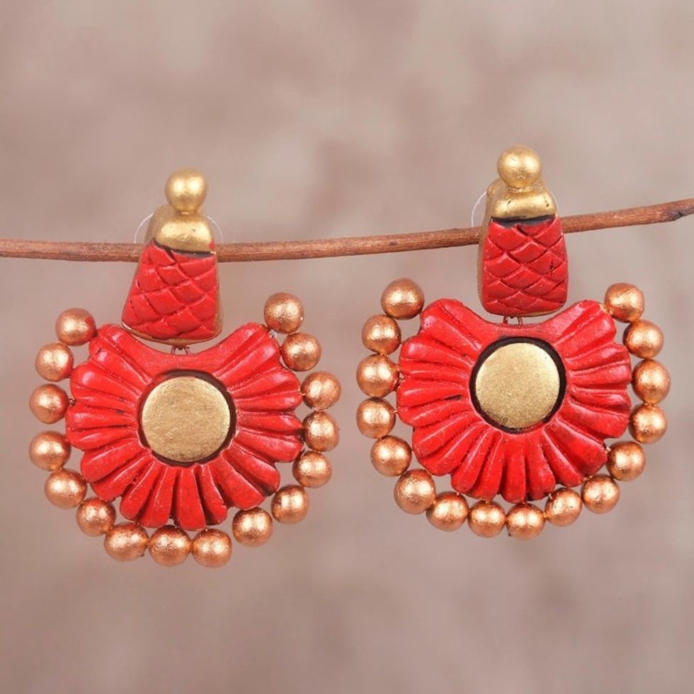 Red and Gold Hand-Painted Flower Ceramic Dangle Earrings 'Red Bangalore'