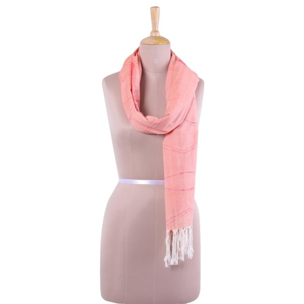 Hand Woven Peach 100 Cotton Wrap Scarf from India 'Whimsical in Peach'