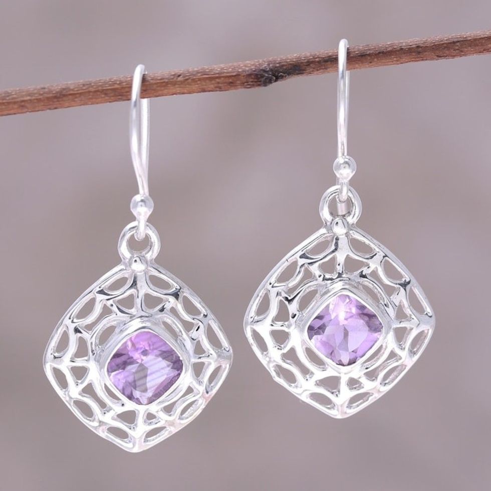 Webbed Amethyst Dangle Earrings from India 'Webbed Kites'