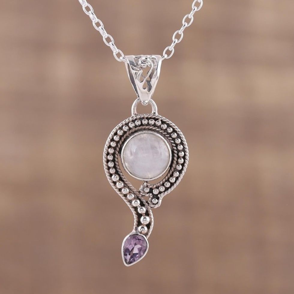 Rainbow Moonstone and Amethyst Pendant Necklace from India 'Graceful Query'