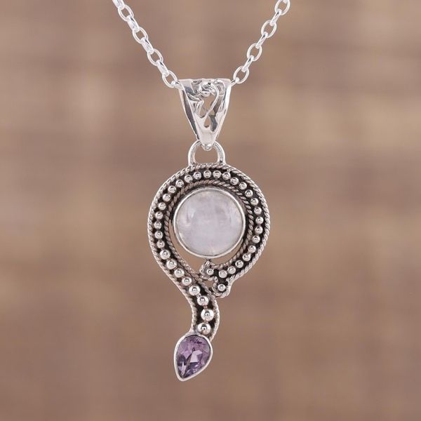 Alternate image for Rainbow Moonstone and Amethyst Pendant Necklace from India Graceful Query