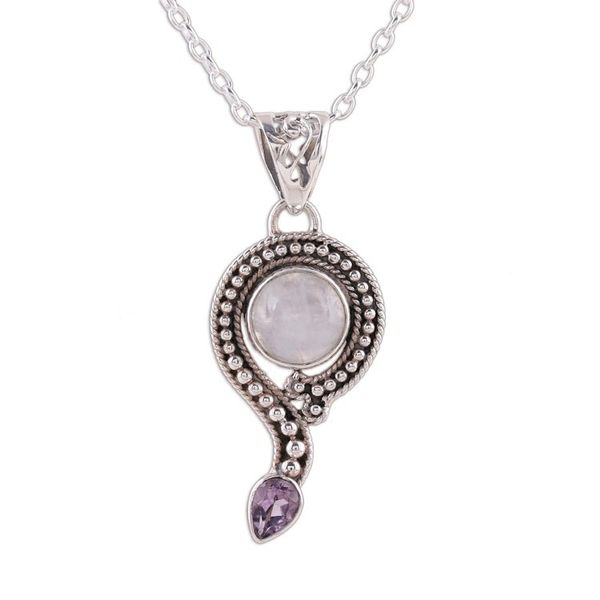 Alternate image for Rainbow Moonstone and Amethyst Pendant Necklace from India Graceful Query
