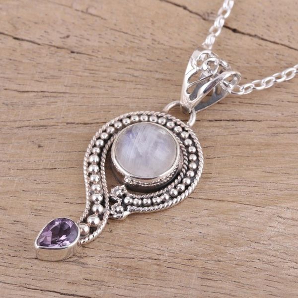 Alternate image for Rainbow Moonstone and Amethyst Pendant Necklace from India Graceful Query