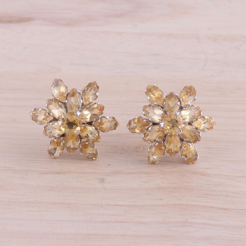 Rhodium Plated Citrine Button Earrings from India 'Golden Burst'