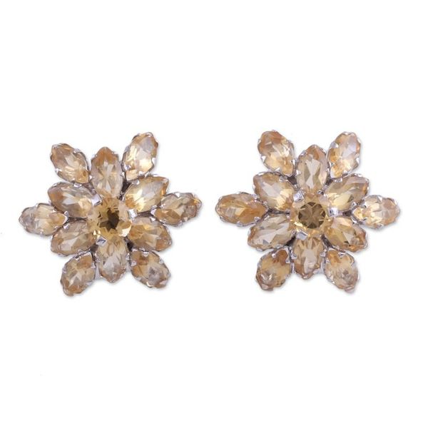Alternate image for Rhodium Plated Citrine Button Earrings from India Golden Burst