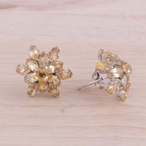 Alternate image for Rhodium Plated Citrine Button Earrings from India Golden Burst