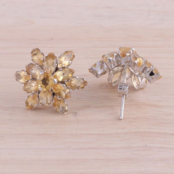 Alternate image for Rhodium Plated Citrine Button Earrings from India Golden Burst