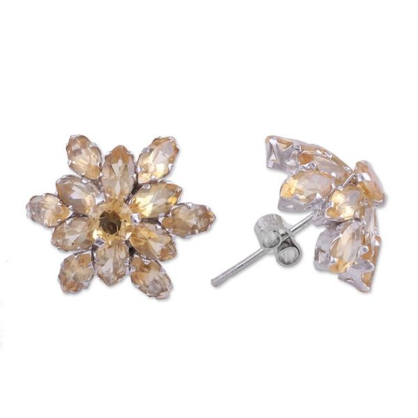 Alternate image for Rhodium Plated Citrine Button Earrings from India Golden Burst
