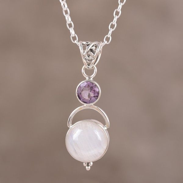 Alternate image for Sterling Silver Rainbow Moonstone Amethyst Pendant Necklace Alluring Serenity