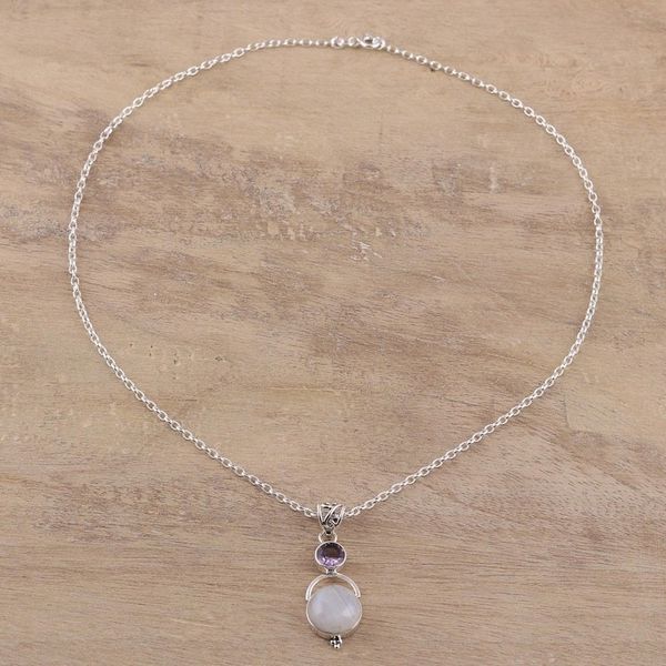 Alternate image for Sterling Silver Rainbow Moonstone Amethyst Pendant Necklace Alluring Serenity