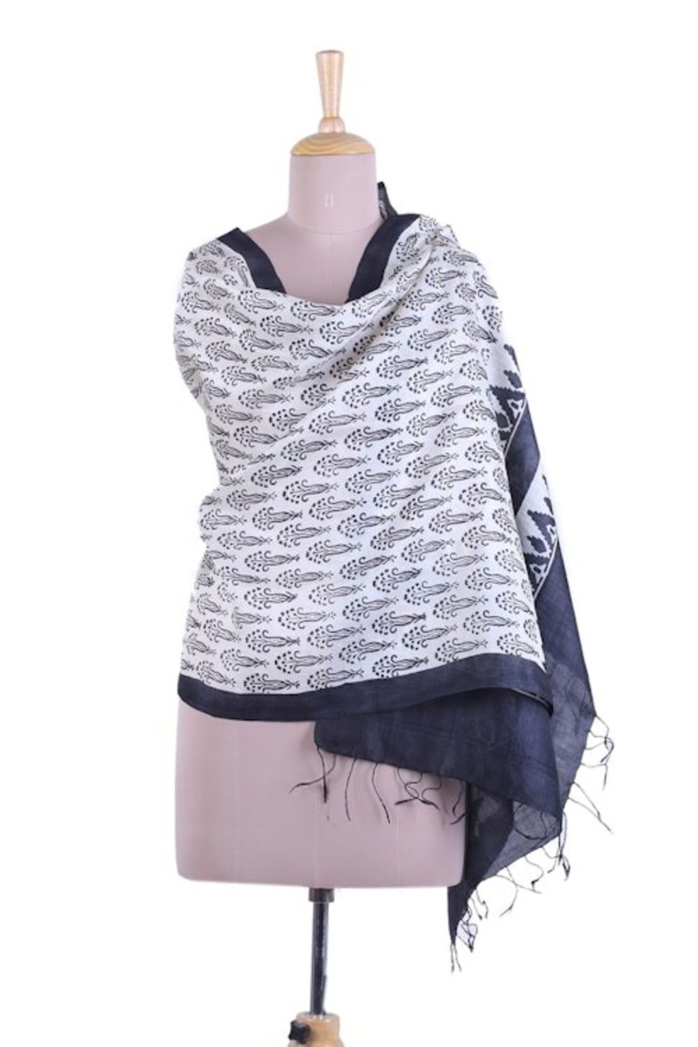 Black and Ecru Floral Print Silk Shawl 'Bengal Bouquet'