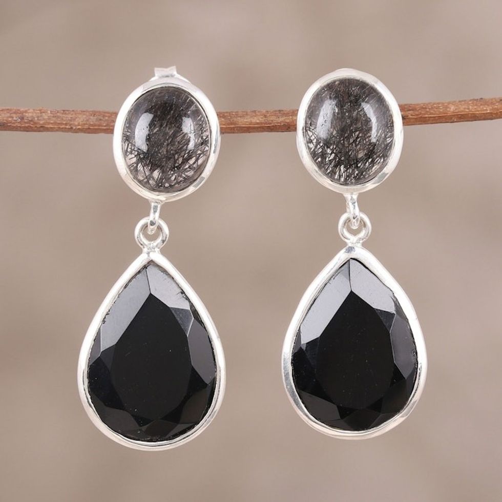 Black Onyx and Tourmalinated Quartz Dangle Earrings 'Alluring Onyx'
