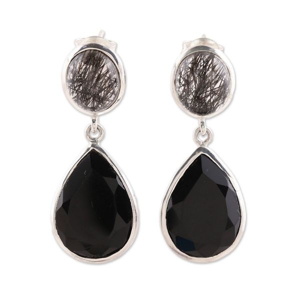 Alternate image for Black Onyx and Tourmalinated Quartz Dangle Earrings Alluring Onyx