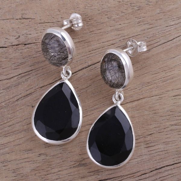 Alternate image for Black Onyx and Tourmalinated Quartz Dangle Earrings Alluring Onyx