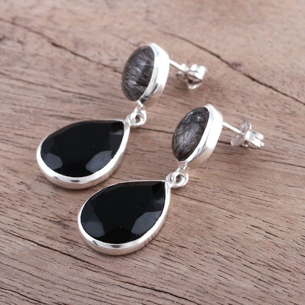 Alternate image for Black Onyx and Tourmalinated Quartz Dangle Earrings Alluring Onyx
