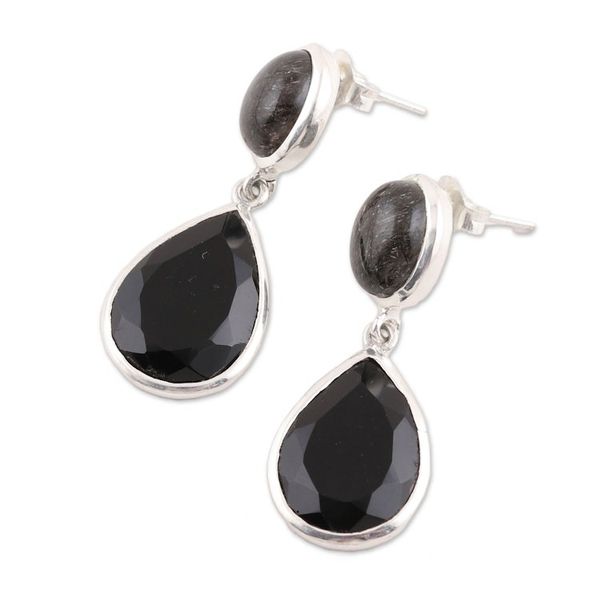 Alternate image for Black Onyx and Tourmalinated Quartz Dangle Earrings Alluring Onyx