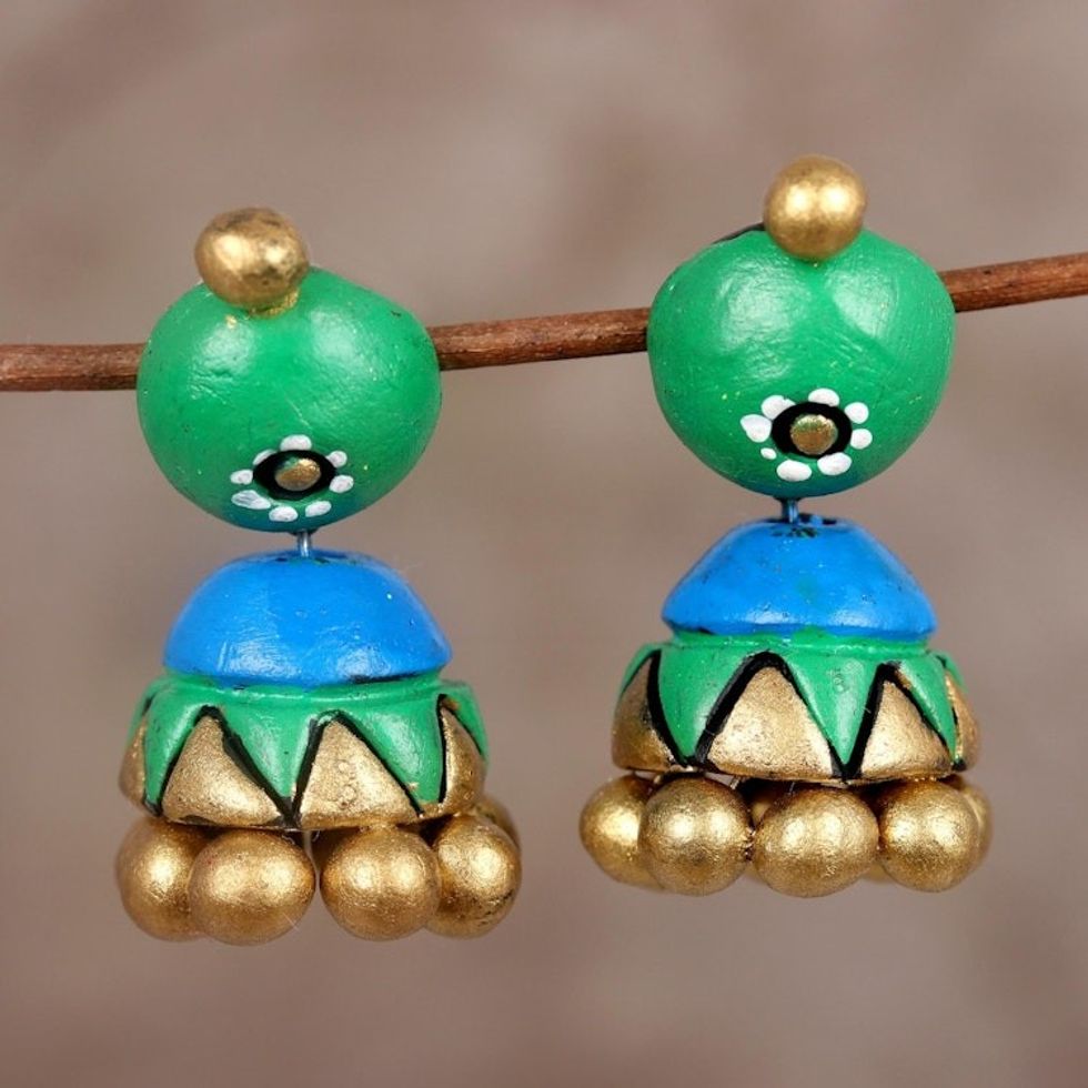 Green Gold and Blue Ceramic Jhumki Painted Dangle Earrings 'Verdant Harmony'