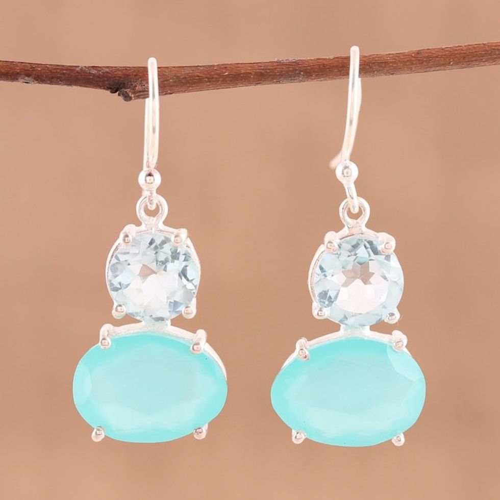 Blue Topaz and Chalcedony Prong Set Dangle Earrings 'Regal Air'