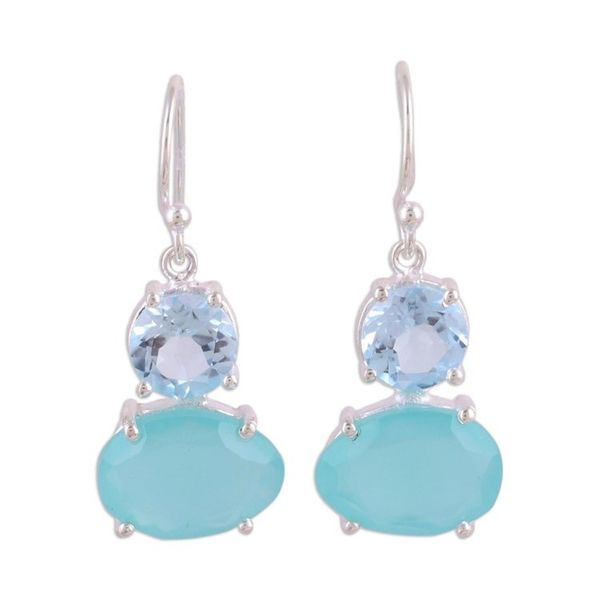 Alternate image for Blue Topaz and Chalcedony Prong Set Dangle Earrings Regal Air