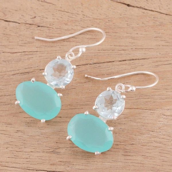 Alternate image for Blue Topaz and Chalcedony Prong Set Dangle Earrings Regal Air