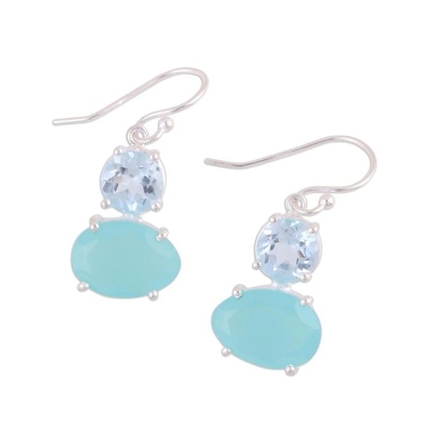 Alternate image for Blue Topaz and Chalcedony Prong Set Dangle Earrings Regal Air