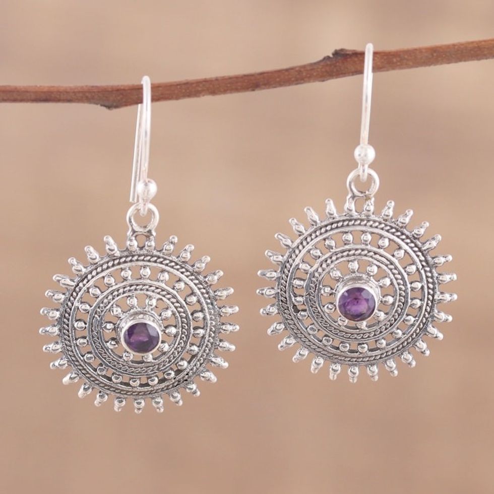 Circular Amethyst Dangle Earrings from India 'Sunshine Discs'