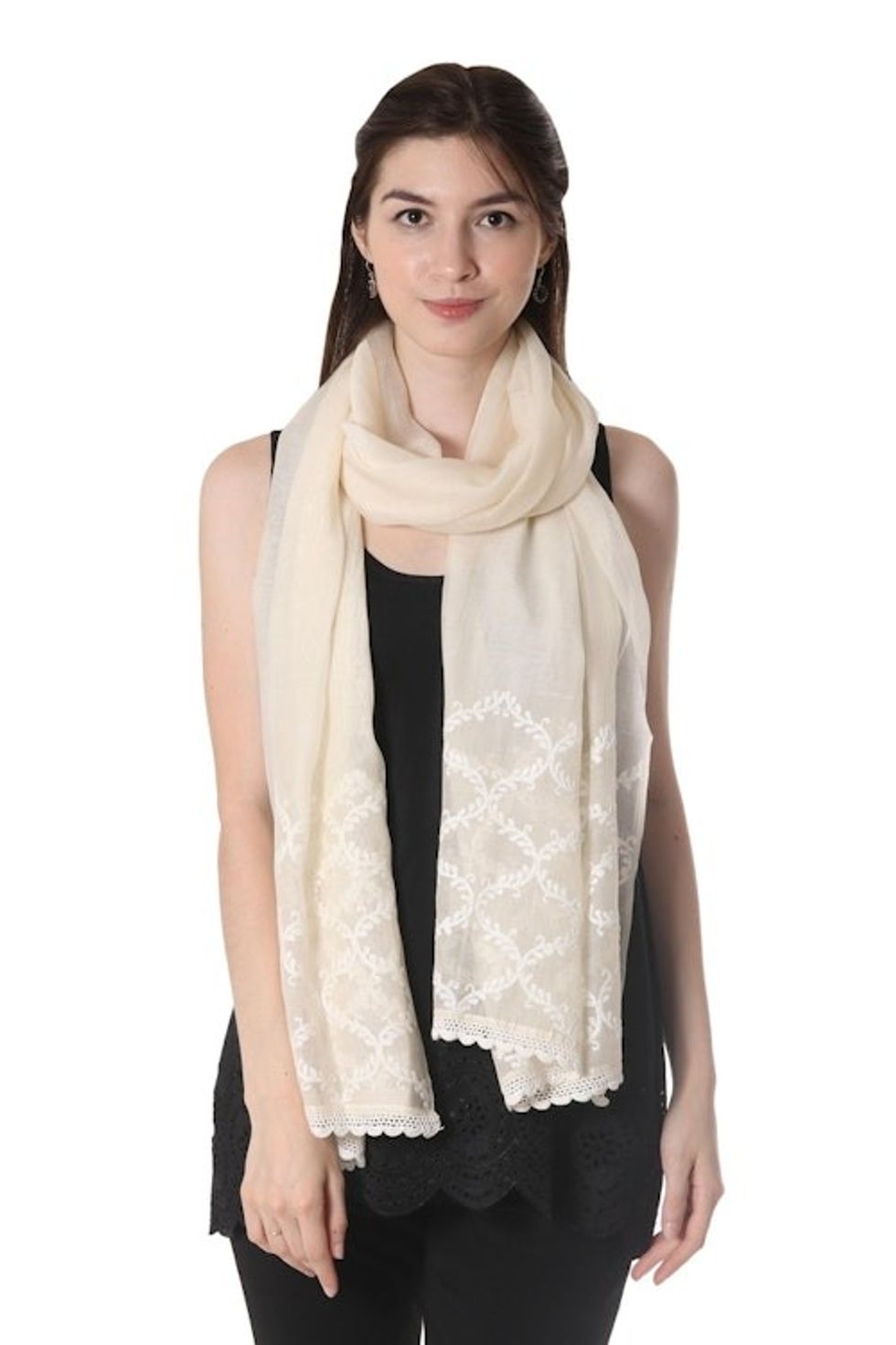 Warm White Embroidered Sheer Cotton and Silk Blend Shawl 'Chikan Chic'