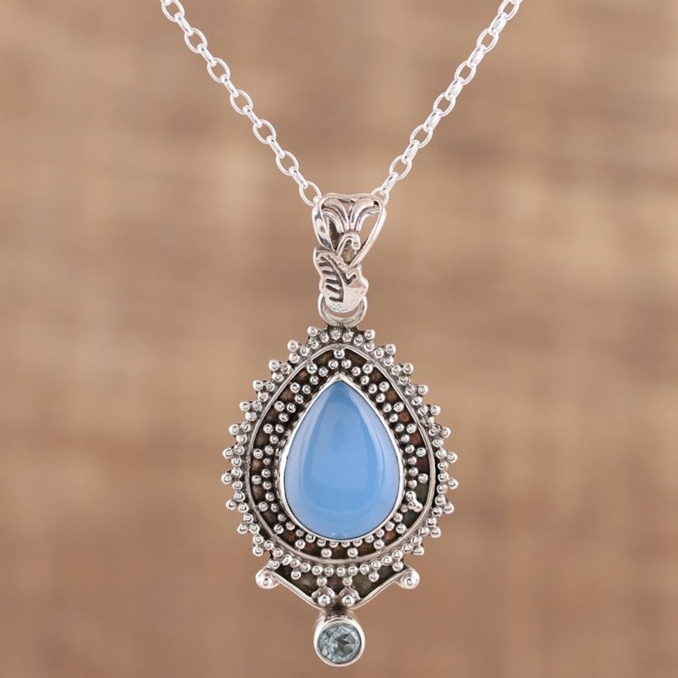 Handcrafted Blue Chalcedony Pendant Necklace from India 'Soul's Serenity'