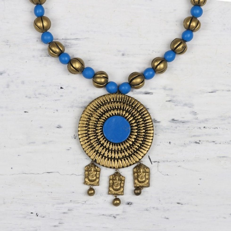 Hand-Painted Gold and Blue Lord Ganesha Medallion Necklace 'Golden Ganesha''