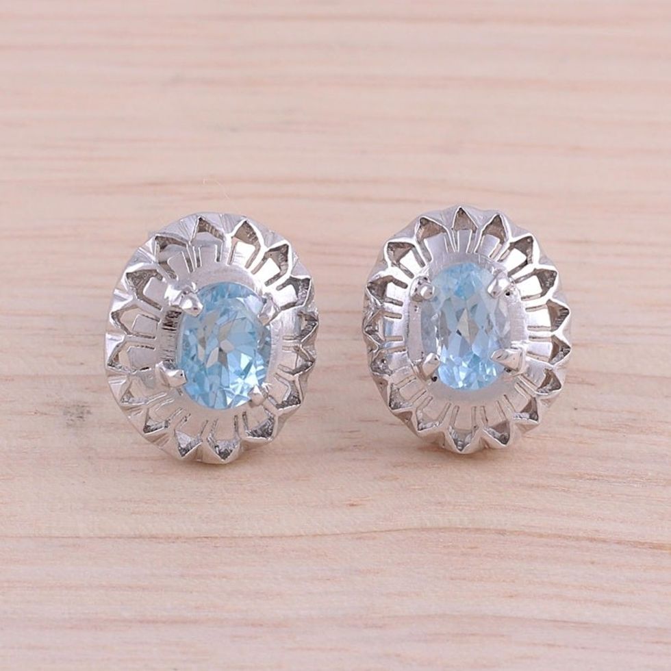 Rhodium Plated Blue Topaz Button Earrings from India 'Radiant Rays'