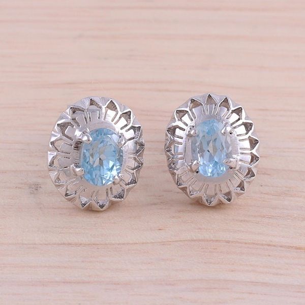 Alternate image for Rhodium Plated Blue Topaz Button Earrings from India Radiant Rays