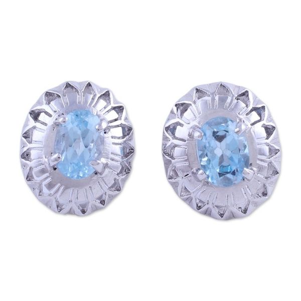 Alternate image for Rhodium Plated Blue Topaz Button Earrings from India Radiant Rays