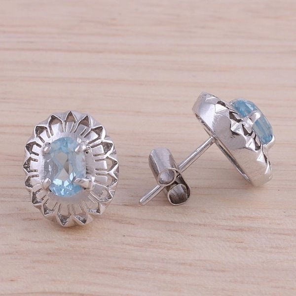 Alternate image for Rhodium Plated Blue Topaz Button Earrings from India Radiant Rays
